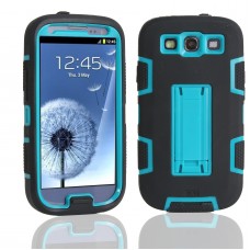 Samsung Galaxy S3 - 3 Piece Hard Plastic Silicone Hybrid Shock Proof Drop KickStand Protective Phone Cover Case - Black Blue